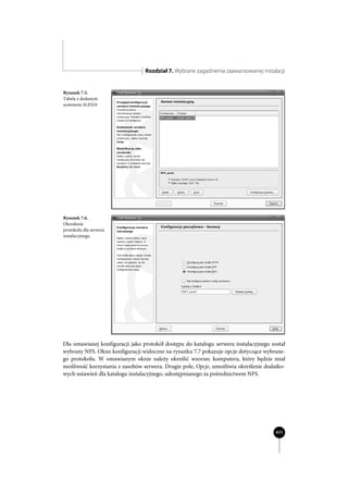 Rozdział 7. Wybrane zagadnienia zaawansowanej instalacji


Rysunek 7.5.
Tabela z dodanym
systemem SLES10




Rysunek 7.6.
Określenie
protokołu dla serwera
instalacyjnego




Dla omawianej konfiguracji jako protokół dostępu do katalogu serwera instalacyjnego został
wybrany NFS. Okno konfiguracji widoczne na rysunku 7.7 pokazuje opcje dotyczące wybrane-
go protokołu. W omawianym oknie należy określić wzorzec komputera, który będzie miał
możliwość korzystania z zasobów serwera. Drugie pole, Opcje, umożliwia określenie dodatko-
wych ustawień dla katalogu instalacyjnego, udostępnianego za pośrednictwem NFS.




                                                                                      405
 