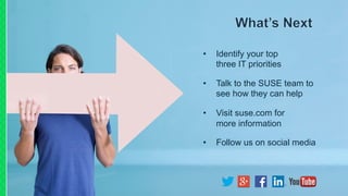 • Identify your top
three IT priorities
• Talk to the SUSE team to
see how they can help
• Visit suse.com for
more information
• Follow us on social media
 