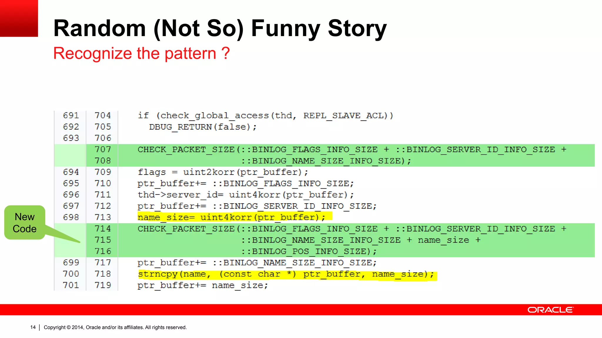 Copyright © 2014, Oracle and/or its affiliates. All rights reserved.14
Random (Not So) Funny Story
Recognize the pattern ?
New
Code
 