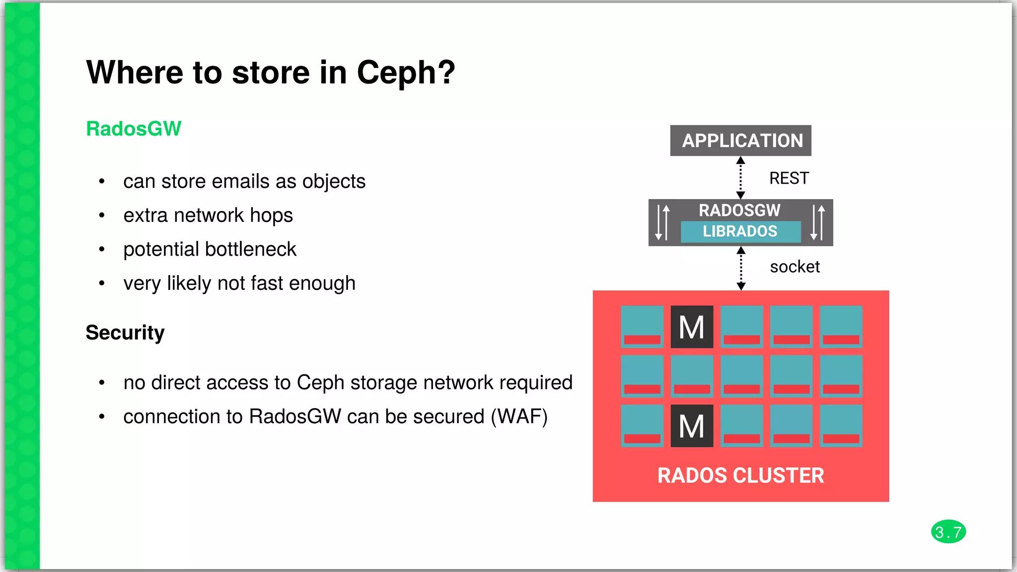 Where	to	store	in	Ceph?
RadosGW
•
•
•
•
can	store	emails	as	objects
extra	network	hops
potential	bottleneck
very	likely	not	fast	enough	
Security
•
•
no	direct	access	to	Ceph	storage	network	required
connection	to	RadosGW	can	be	secured	(WAF)
M
M
RADOS	CLUSTER
APPLICATION
RADOSGW
LIBRADOS
REST
socket
3 . 7
 
