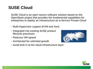 18
SUSE Cloud
• Multi-Hypervisor support (KVM and Xen)
• Integrated into existing SUSE product
lifecycle processes
• Reduces VM sprawl
• Architected for unlimited growth
• Avoid lock-in at the cloud infrastructure layer
SUSE Cloud is an open source software solution based on the
OpenStack project that provides the fundamental capabilities for
enterprises to deploy an Infrastructure-as-a-Service Private Cloud
 