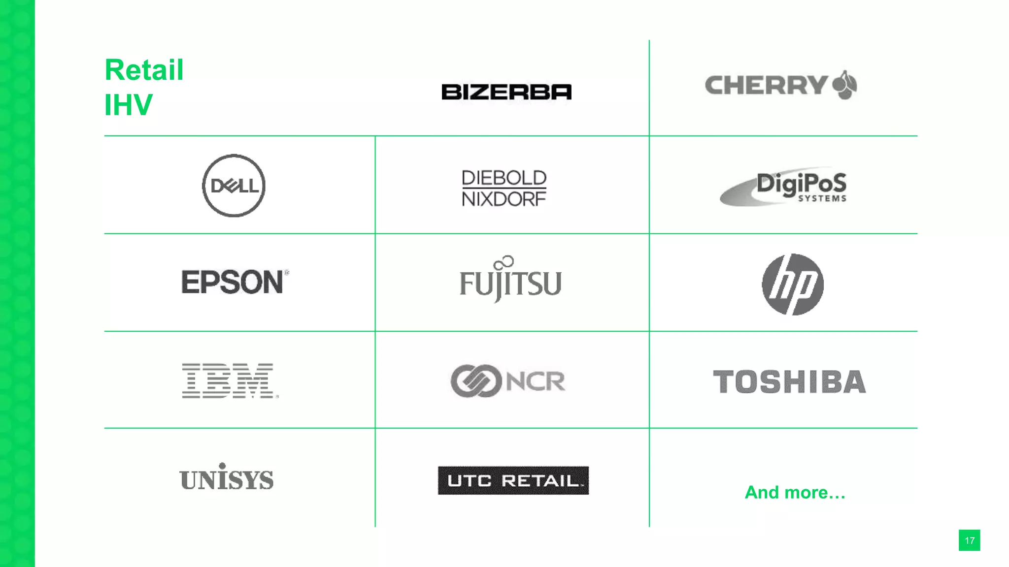 Retail
IHV
17
And more…
 