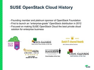 SUSE OpenStack Cloud History
- Founding member and platinum sponsor of OpenStack Foundation
- First to launch an “enterprise-grade” OpenStack distribution in 2012
- Focused on making SUSE OpenStack Cloud the best private cloud
solution for enterprise business
Best Software defined SolutionData Centre Cloud Vendor of the Year
IaaS Solution of the Year
 