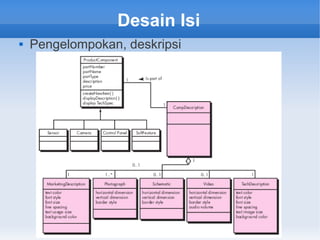 Desain Isi
 Pengelompokan, deskripsi
 