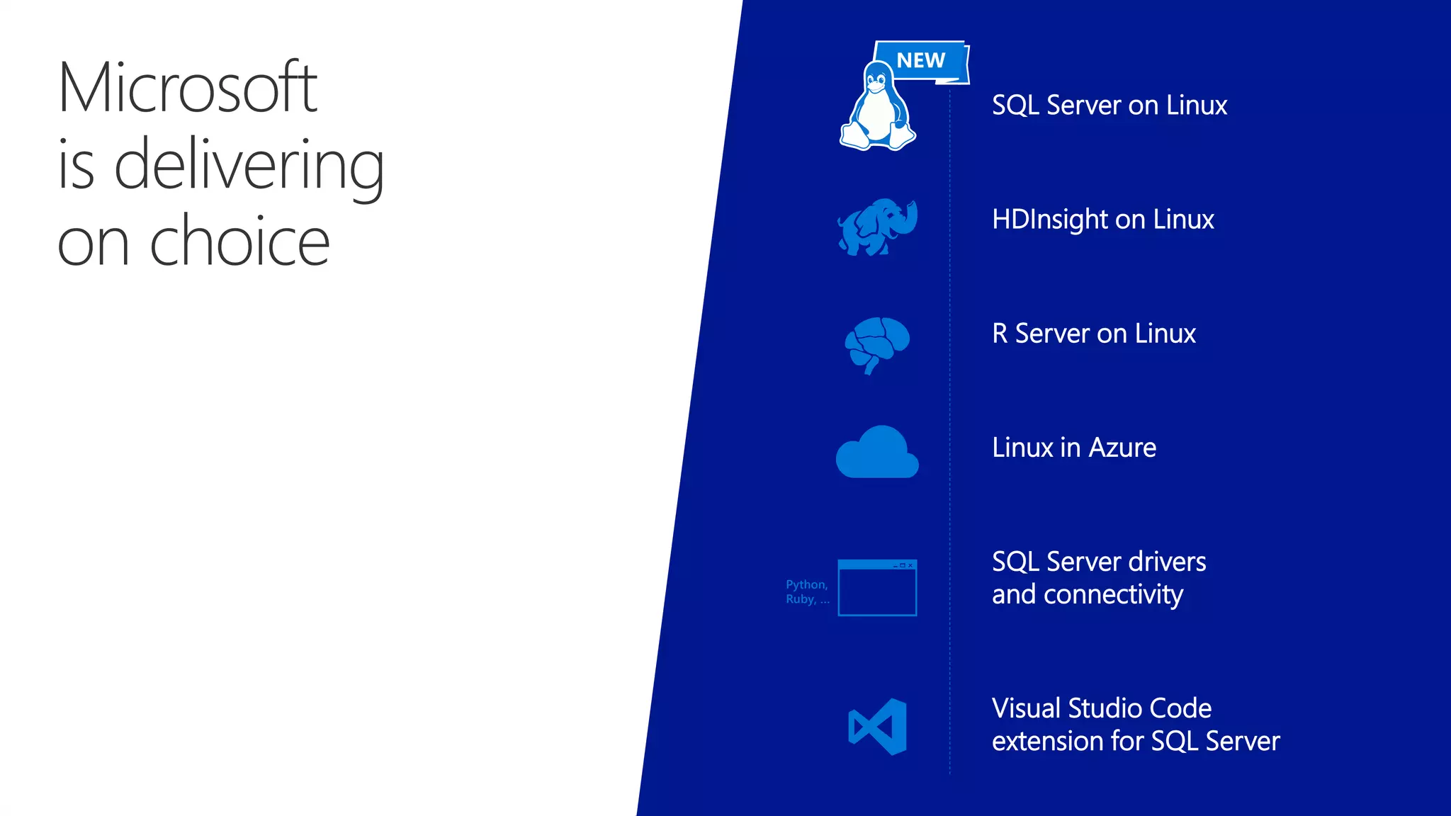 Microsoft
is delivering
on choice
SQL Server on Linux
HDInsight on Linux
R Server on Linux
Linux in Azure
SQL Server drivers
and connectivity
Visual Studio Code
extension for SQL Server
Python,
Ruby, …
NEW
 
