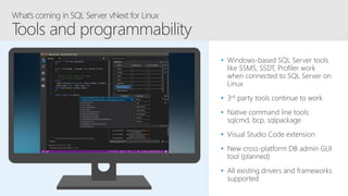 • Windows-based SQL Server tools
like SSMS, SSDT, Profiler work
when connected to SQL Server on
Linux
• 3rd party tools continue to work
• Native command line tools:
sqlcmd, bcp, sqlpackage
• Visual Studio Code extension
• New cross-platform DB admin GUI
tool (planned)
• All existing drivers and frameworks
supported
 