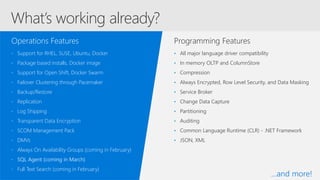 Programming Features
• Support for RHEL, SUSE, Ubuntu, Docker
• Package based installs, Docker image
• Support for Open Shift, Docker Swarm
• Failover Clustering through Pacemaker
• Backup/Restore
• Replication
• Log Shipping
• Transparent Data Encryption
• SCOM Management Pack
• DMVs
• Always On Availability Groups (coming in February)
• SQL Agent (coming in March)
• Full Text Search (coming in February)
Operations Features
• All major language driver compatibility
• In memory OLTP and ColumnStore
• Compression
• Always Encrypted, Row Level Security, and Data Masking
• Service Broker
• Change Data Capture
• Partitioning
• Auditing
• Common Language Runtime (CLR) - .NET Framework
• JSON, XML
What’s working already?
…and more!
 