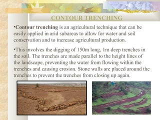 CONTOUR TRENCHING
•Contour trenching is an agricultural technique that can be
easily applied in arid subareas to allow for water and soil
conservation and to increase agricultural production.
•This involves the digging of 150m long, 1m deep trenches in
the soil. The trenches are made parallel to the height lines of
the landscape, preventing the water from flowing within the
trenches and causing erosion. Stone walls are placed around the
trenches to prevent the trenches from closing up again.
 