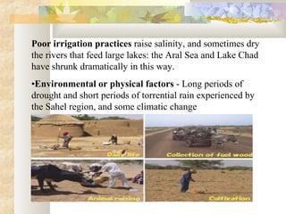 Poor irrigation practices raise salinity, and sometimes dry
the rivers that feed large lakes: the Aral Sea and Lake Chad
have shrunk dramatically in this way.
•Environmental or physical factors - Long periods of
drought and short periods of torrential rain experienced by
the Sahel region, and some climatic change
 