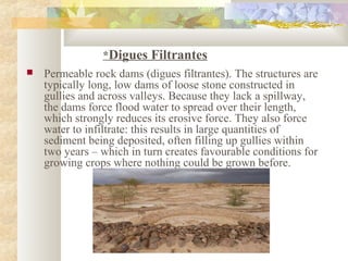 *Digues Filtrantes
 Permeable rock dams (digues filtrantes). The structures are
typically long, low dams of loose stone constructed in
gullies and across valleys. Because they lack a spillway,
the dams force flood water to spread over their length,
which strongly reduces its erosive force. They also force
water to infiltrate: this results in large quantities of
sediment being deposited, often filling up gullies within
two years – which in turn creates favourable conditions for
growing crops where nothing could be grown before.
 
