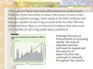 Although it is likely that some afforestation in northwestern
China has been successful in areas with access to more water
than the regional average, there seems to be little evidence that
trees are capable of surviving in areas with less than 500 mm
of precipitation; there is no historical evidence that trees were
ever capable of surviving under these conditions
Although the area of
afforestation is increasing
rapidly, the area of
degraded land has
continued to expand and
the severity of
desertification has
continued to intensify
throughout the country
 
