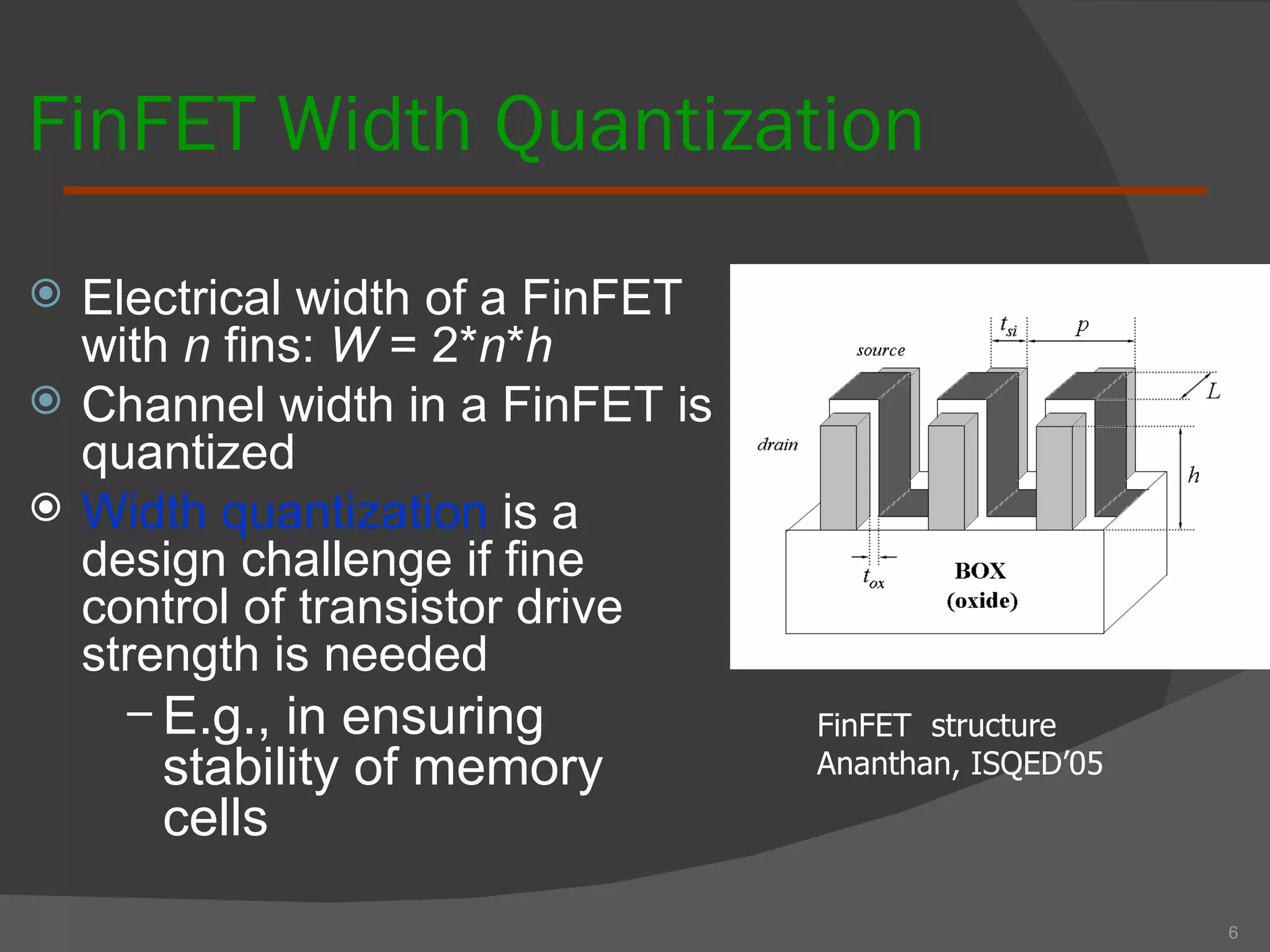 FinFET Width Quantization Electrical width of a FinFET with  n  fins:  W  = 2* n * h Channel width in a FinFET is quantized Width quantization  is a design challenge if fine control of transistor drive strength is needed E.g., in ensuring stability of memory cells 6 FinFET  structure  Ananthan, ISQED’05 
