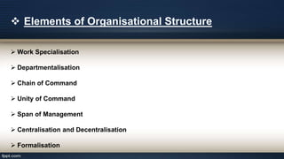  Elements of Organisational Structure
 Work Specialisation
 Departmentalisation
 Chain of Command
 Unity of Command
 Span of Management
 Centralisation and Decentralisation
 Formalisation
 