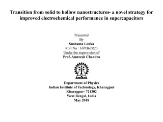 Transition from solid to hollow nanostructures- a novel strategy for
improved electrochemical performance in supercapacitors
Presented
By
Sushanta Lenka
Roll No : 16PH62R23
Under the supervision of
Prof. Amreesh Chandra
Department of Physics
Indian Institute of Technology, Kharagpur
Kharagpur- 721302
West Bengal, India
May 2018
 