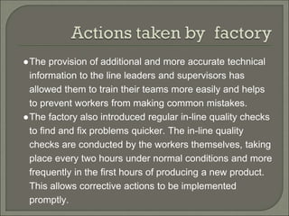 ●The provision of additional and more accurate technical
information to the line leaders and supervisors has
allowed them to train their teams more easily and helps
to prevent workers from making common mistakes.
●The factory also introduced regular in-line quality checks
to find and fix problems quicker. The in-line quality
checks are conducted by the workers themselves, taking
place every two hours under normal conditions and more
frequently in the first hours of producing a new product.
This allows corrective actions to be implemented
promptly.
 