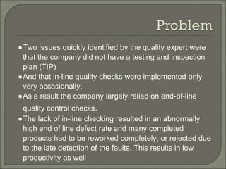 ●Two issues quickly identified by the quality expert were
that the company did not have a testing and inspection
plan (TIP)
●And that in-line quality checks were implemented only
very occasionally.
●As a result the company largely relied on end-of-line
quality control checks.
●The lack of in-line checking resulted in an abnormally
high end of line defect rate and many completed
products had to be reworked completely, or rejected due
to the late detection of the faults. This results in low
productivity as well
 
