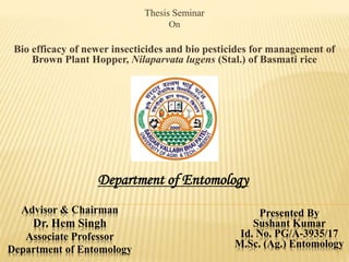 Advisor & Chairman
Dr. Hem Singh
Associate Professor
Department of Entomology
Thesis Seminar
On
Bio efficacy of newer insecticides and bio pesticides for management of
Brown Plant Hopper, Nilaparvata lugens (Stal.) of Basmati rice
Presented By
Sushant Kumar
Id. No. PG/A-3935/17
M.Sc. (Ag.) Entomology
Department of Entomology
1
 