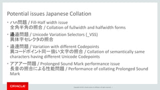 Copyright © 2017, Oracle and/or its affiliates. All rights reserved. |
Potential issues Japanese Collation
• ハﾊ問題 / Fill-Half width issue
全角半角の照合 / Collation of fullwidth and halfwidth forms
• 邉邉問題 / Unicode Variation Selectors (_VSS)
異体字セレクタの照合
• 邉邊問題 / Variation with different Codepoints
異コードポイント同一扱い文字の照合 / Collation of semantically same
characters having different Unicode Codepoints
• アアアー問題 / Prolonged Sound Mark performance issue
長音の照合による性能問題 / Performance of collating Prolonged Sound
Mark
 