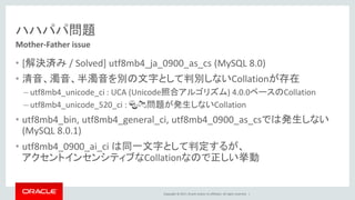 Copyright © 2017, Oracle and/or its affiliates. All rights reserved. |
ハハパパ問題
• [解決済み / Solved] utf8mb4_ja_0900_as_cs (MySQL 8.0)
• 清音、濁音、半濁音を別の文字として判別しないCollationが存在
– utf8mb4_unicode_ci : UCA (Unicode照合アルゴリズム) 4.0.0ベースのCollation
– utf8mb4_unicode_520_ci : 🍣🍻問題が発生しないCollation
• utf8mb4_bin, utf8mb4_general_ci, utf8mb4_0900_as_csでは発生しない
(MySQL 8.0.1)
• utf8mb4_0900_ai_ci は同一文字として判定するが、
アクセントインセンシティブなCollationなので正しい挙動
Mother-Father issue
 