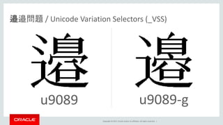 Copyright © 2017, Oracle and/or its affiliates. All rights reserved. |
u9089 u9089-g
邉邉問題 / Unicode Variation Selectors (_VSS)
 
