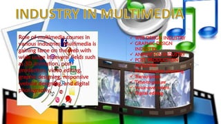 INDUSTRY IN MULTIMEDIA
Role of multimedia courses in
various industries: Multimedia is
gaining fame on the web with
wide usage in several fields such
as 3D animation, post-
production, video editing,
graphic designing, responsive
website designing, and digital
photography.
✓ WEB DESIGN INDUSTRY
✓ GRAPHIC DESIGN
INDUSTRY
✓ ANIMATION INDUSTRY
✓ POST PRODUCTION
INDUSTRY
✓ Pre-production planning
✓ Transcription
✓ Time-to-picture
✓ Voice-over talent
✓ Digital editing
 