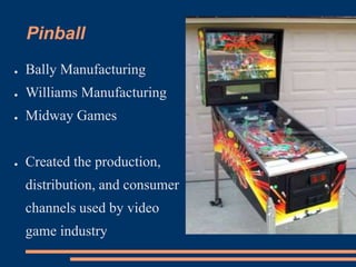 Pinball
● Bally Manufacturing
● Williams Manufacturing
● Midway Games
● Created the production,
distribution, and consumer
channels used by video
game industry
 
