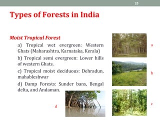 Types of Forests in India
Moist Tropical Forest
a) Tropical wet evergreen: Western
Ghats (Maharashtra, Karnataka, Kerala)
b) Tropical semi evergreen: Lower hills
of western Ghats.
c) Tropical moist deciduous: Dehradun,
mahableshwar
d) Damp Forests: Sunder bans, Bengal
delta, and Andaman.
25
a
b
d
c
 