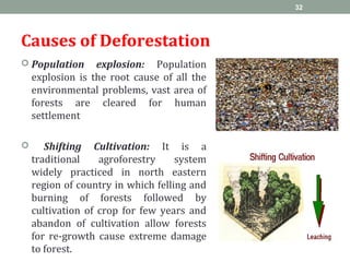Causes of Deforestation
 Population explosion: Population
explosion is the root cause of all the
environmental problems, vast area of
forests are cleared for human
settlement
 Shifting Cultivation: It is a
traditional agroforestry system
widely practiced in north eastern
region of country in which felling and
burning of forests followed by
cultivation of crop for few years and
abandon of cultivation allow forests
for re-growth cause extreme damage
to forest.
32
 