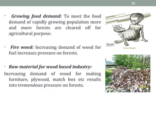 • Growing food demand: To meet the food
demand of rapidly growing population more
and more forests are cleared off for
agricultural purpose.
• Fire wood: Increasing demand of wood for
fuel increases pressure on forests.
• Raw material for wood based industry:
Increasing demand of wood for making
furniture, plywood, match box etc results
into tremendous pressure on forests.
33
 