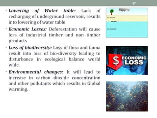 • Lowering of Water table: Lack of
recharging of underground reservoir, results
into lowering of water table
• Economic Losses: Deforestation will cause
loss of industrial timber and non timber
products
• Loss of biodiversity: Loss of flora and fauna
result into loss of bio-diversity leading to
disturbance in ecological balance world
wide.
• Environmental changes: It will lead to
increase in carbon dioxide concentration
and other pollutants which results in Global
warming.
37
 