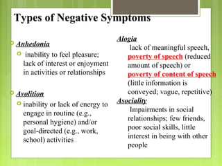 Types of Negative Symptoms
 Anhedonia
 inability to feel pleasure;
lack of interest or enjoyment
in activities or relationships
 Avolition
 inability or lack of energy to
engage in routine (e.g.,
personal hygiene) and/or
goal-directed (e.g., work,
school) activities
Alogia
lack of meaningful speech,
poverty of speech (reduced
amount of speech) or
poverty of content of speech
(little information is
conveyed; vague, repetitive)
Asociality
Impairments in social
relationships; few friends,
poor social skills, little
interest in being with other
people
 