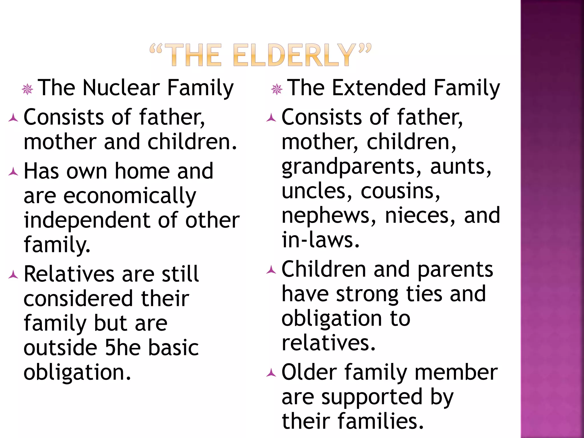  The Nuclear Family
 Consists of father,
mother and children.
 Has own home and
are economically
independent of other
family.
 Relatives are still
considered their
family but are
outside 5he basic
obligation.
 The Extended Family
 Consists of father,
mother, children,
grandparents, aunts,
uncles, cousins,
nephews, nieces, and
in-laws.
 Children and parents
have strong ties and
obligation to
relatives.
 Older family member
are supported by
their families.
 