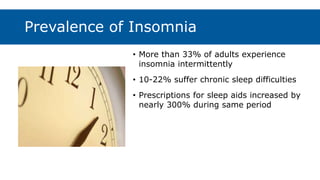 Prevalence of Insomnia
• More than 33% of adults experience
insomnia intermittently
• 10-22% suffer chronic sleep difficulties
• Prescriptions for sleep aids increased by
nearly 300% during same period
 