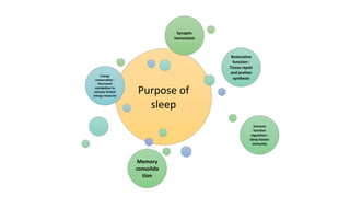 Purpose of
sleep
Energy
conservation :
Decreased
metabolism to
allocate limited
energy resources
Restorative
function :
Tissue repair
and protien
synthesis
Immune
function
regulation :
Sleep boosts
immunity
Memory
consolida
tion
Synaptic
hemostasis
 