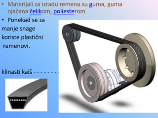 • Materijali za izradu remena su guma, guma
ojačana čelikom, poliesterom
• Ponekad se za
manje snage
koriste plastični
remenovi.
klinasti kaiš - - - - - - - -
 