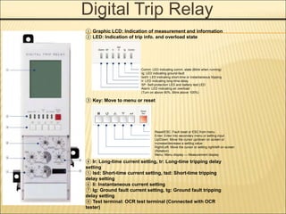 Digital Trip Relay
① Graphic LCD: Indication of measurement and information
② LED: Indication of trip info. and overload state
Comm: LED indicating comm. state (Blink when running)
Ig: LED indicating ground-fault
Isd/Ii: LED indicating short-time or instantaneous tripping
Ir: LED indicating long-time delay
SP: Self-protection LED and battery test LED
Alarm: LED indicating an overload
(Turn on above 90%, Blink above 105%)
③ Key: Move to menu or reset
Reset/ESC: Fault reset or ESC from menu
Enter: Enter into secondary menu or setting input
Up/Down: Move the cursor up/down on screen or
increase/decrease a setting value
Right/Left: Move the cursor or setting right/left on screen
(Rotation)
Menu: Menu display ↔ Measurement display
④ Ir: Long-time current setting, tr: Long-time tripping delay
setting
⑤ Isd: Short-time current setting, tsd: Short-time tripping
delay setting
⑥ Ii: Instantaneous current setting
⑦ Ig: Ground fault current setting, tg: Ground fault tripping
delay setting
⑧ Test terminal: OCR test terminal (Connected with OCR
tester)
 