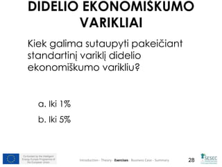DIDELIO EKONOMIŠKUMO 
Kiek galima sutaupyti pakeičiant 
standartinį variklį didelio 
ekonomiškumo varikliu? 
a. Iki 1% 
b. Iki 5% 
Co-funded by the Intelligent 
Energy Europe Programme of 
VARIKLIAI 
the European Union Introduction - Theory - Exercises - Business Case - Summary 28 
 