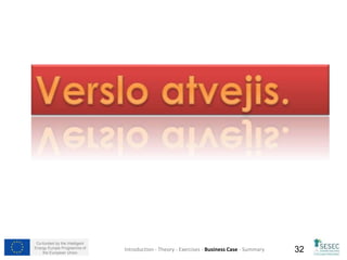 Co-funded by the Intelligent 
Energy Europe Programme of 
the European Union Introduction - Theory - Exercises - Business Case - Summary 32 
 