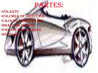Partes:
•Volante
•Columna de dirección
•Caja de engranajes
•Brazo de mando
•Palanca de ataque
•Rótulas
 