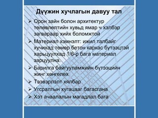 Дүүжин хучлагын давуу тал
 Орон зайн болон архитектур
төлөвлөлтийн хувьд ямар ч хэлбэр
загвараар хийх боломжтой
 Материал хэмнэлт: ижил талбайг
хучихад төмөр бетон каркас бүтээцтэй
харьцуулхад 1/6-р бага материал
зарцуулна.
 Барилга байгууламжийн бүтээцийн
жинг хөнгөлөх
 Тээвэрлэлт хялбар
 Угсралтын хугацааг багасгана
 Хэт ачаалалын магадлал бага
 