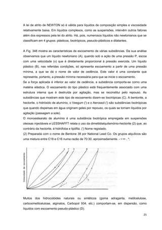 25
A lei de atrito de NEWTON só é válida para líquidos de composição simples e viscosidade
relativamente baixa. Em líquidos complexos, como as suspensões, intervêm outros fatores
além dos expressos pela lei do atrito. Há, pois, numerosos líquidos não newtonianos que se
classificam em 4 grupos: plásticos, tixotrópicos, pseuclo-plásticos e dilatantes.
A Fig. 348 mostra as características de escoamento de várias substâncias. Da sua análise
observamos que um líquido newtoniano (A), quando sob a ação de uma pressão P, escoa
com uma velocidade (v) que é diretamente proporcional à pressão exercida. Um líquido
plástico (B), nas referidas condições, só apresenta escoamento a partir de uma pressão
mínima, a que se dá o nome de valor de cedência. Este valor é uma constante que
representa, portanto, a pressão mínima necessária para que se inicie o escoamento.
Se a força aplicada é inferior ao valor de cedência, a substância comporta-se corno uma
matéria elástica. O escoamento do tipo plástico está frequentemente associado com uma
estrutura interna que é destruída por agitação, mas se reconstitui pelo repouso. As
substâncias que mostram este tipo de escoamento dizem-se tixoírópicas (C). A bentonite, a
hectorite, o hidróxido de alumínio, o Veegum (') e o Aerossol (') são substâncias tixotrópicas
que quando dispersas em água originam geles por repouso, os quais se tornam líquidos por
agitação (passagem a sole).
O monoestearato de alumínio é uma substância tixotrópica empregada em suspensões
oleosas injectáveis e LESSHAFFT relata o uso da dimetildialquilamónio-hectorite (2) que, ao
contrário da hectorite, é hidrófoba e lipófila. (') Nome registado.
(2) Preparada com o nome de Bentone 38 por National Lead Co. Os grupos alquílicos são
uma mistura entre C18 e C16 numa razão de 70:30, aproximadamente. - • •> . *;
Muitos dos hidrocolóides naturais ou sintéticos (goma adraganta, metilcelulose,
carboximetilcelulose, alginatos, Carbopol 934, etc.) comportam-se, em dispersão, como
líquidos com escoamento pseudo-plástico (D).
 