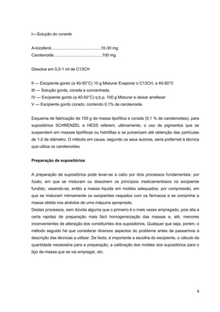 8
I—Solução do corante
A-tocoferol............................................10-30 mg
Carotenoide...........................................100 mg
Dissolva em 0,5-1 ml de C13CH
II — Excipiente gordo (a 40-50°C) 10 g Misturar Evaporar o C13CH, a 40-50°C
III — Solução gorda, corada e concentrada.
IV — Excipiente gordo (a 40-50°C) q.b.p. 100 g Misturar e deixar arrefecer
V — Excipiente gordo corado, contendo 0,1% de carotenoide.
Esquema de fabricação de 100 g de massa lipofílica e corada (0,1 % de carotenoides), para
supositórios SCHRENZEL e HESS referem, ultimamente, o uso de pigmentos que se
suspendem em massas lipofílicas ou hidrófilas e se pulverizam até obtenção das partículas
de 1-2 de diâmetro. O método em causa, segundo os seus autores, seria preferível à técnica
que utiliza os carotenoides.
Preparação de supositórios
A preparação de supositórios pode levar-se a cabo por dois processos fundamentais: por
fusão, em que se misturam ou dissolvem os princípios medicamentosos no excipiente
fundido, vasando-se, então a massa líquida em moldes adequados; por compressão, em
que se misturam intimamente os excipientes raspados com os fármacos e se comprime a
massa obtida nos alvéolos de uma máquina apropriada.
Destes processos, sem dúvida alguma que o primeiro é o mais vezes empregado, pois alia a
certa rapidez de preparação mais fácil homogeneização das massas e, até, menores
inconvenientes de alteração dos constituintes dos supositórios. Qualquer que seja, porém, o
método seguido há que considerar diversos aspectos do problema antes de passarmos à
descrição das técnicas a utilizar. De facto, é importante a escolha do excipiente, o cálculo da
quantidade necessária para a preparação, a calibração dos moldes dos supositórios para o
tipo de massa que se vai empregar, etc.
 