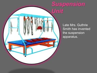 Suspension
Unit
Late Mrs. Guthrie
Smith has invented
the suspension
apparatus.
 