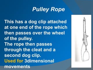 This has a dog clip attached
at one end of the rope which
then passes over the wheel
of the pulley.
The rope then passes
through the cleat and a
second dog clip.
Used for 3dimensional
movements
Pulley Rope
 