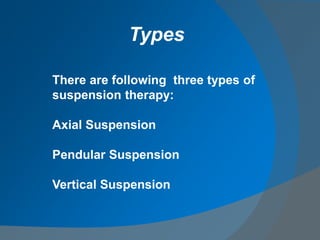 There are following three types of
suspension therapy:
Axial Suspension
Pendular Suspension
Vertical Suspension
Types
 