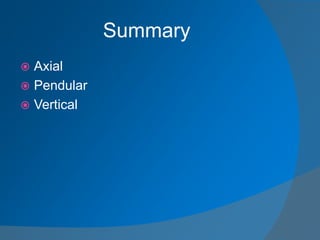 Summary
 Axial
 Pendular
 Vertical
 