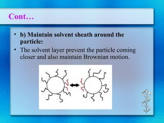 Cont…
• b) Maintain solvent sheath around the
particle:
• The solvent layer prevent the particle coming
closer and also maintain Brownian motion.
 