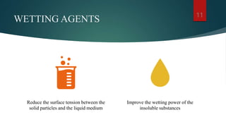 WETTING AGENTS
Reduce the surface tension between the
solid particles and the liquid medium
Improve the wetting power of the
insoluble substances
11
 