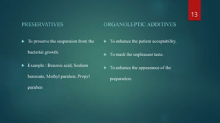 PRESERVATIVES
 To preserve the suspension from the
bacterial growth.
 Example : Benzoic acid, Sodium
benzoate, Methyl paraben, Propyl
paraben
ORGANOLEPTIC ADDITIVES
 To enhance the patient acceptability.
 To mask the unpleasant taste.
 To enhance the appearance of the
preparation.
13
 
