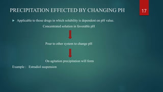 PRECIPITATION EFFECTED BY CHANGING PH
 Applicable to those drugs in which solubility is dependent on pH value.
Concentrated solution in favorable pH
Pour to other system to change pH
On agitation precipitation will form
Example : Estradiol suspension
17
 